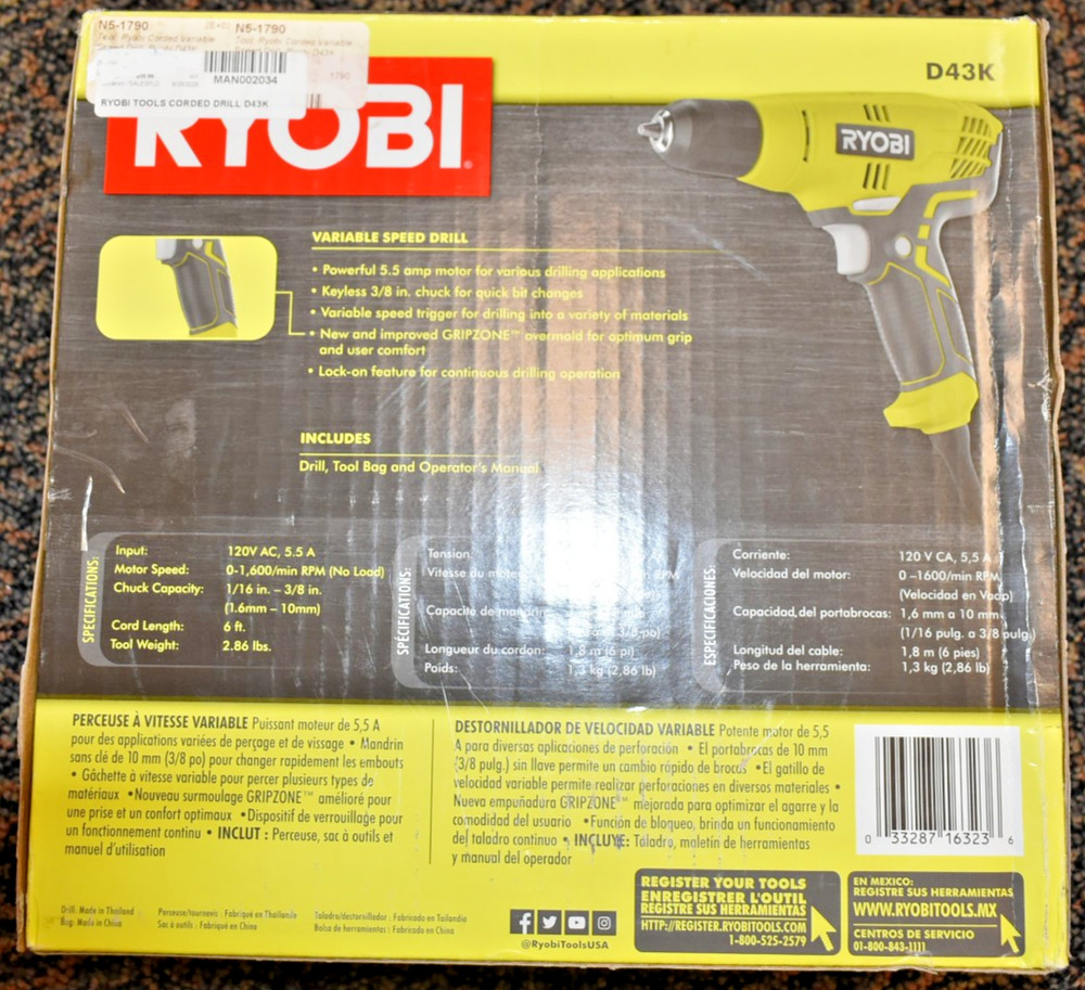 Ryobi D43K Variable Speed Drill With Keyless 3/8" Chuck & Tool Bag