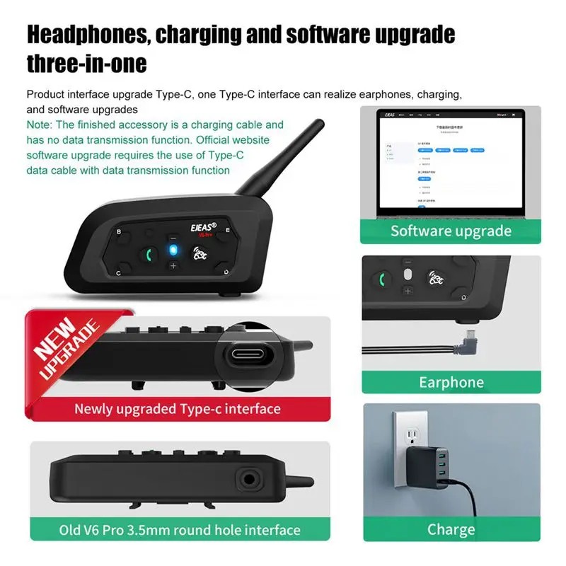 2PCS EJEAS V6PRO+ Motorcycle Intercom Bluetooth 5.1 1200m 8h Battery Waterproof