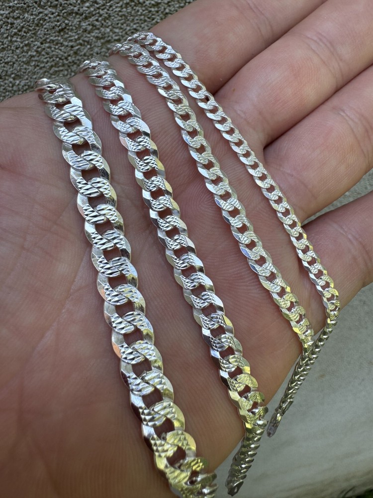 Real Solid 925 Silver Flat Diamond Cut Curb Cuban Link Bracelet 4-8mm