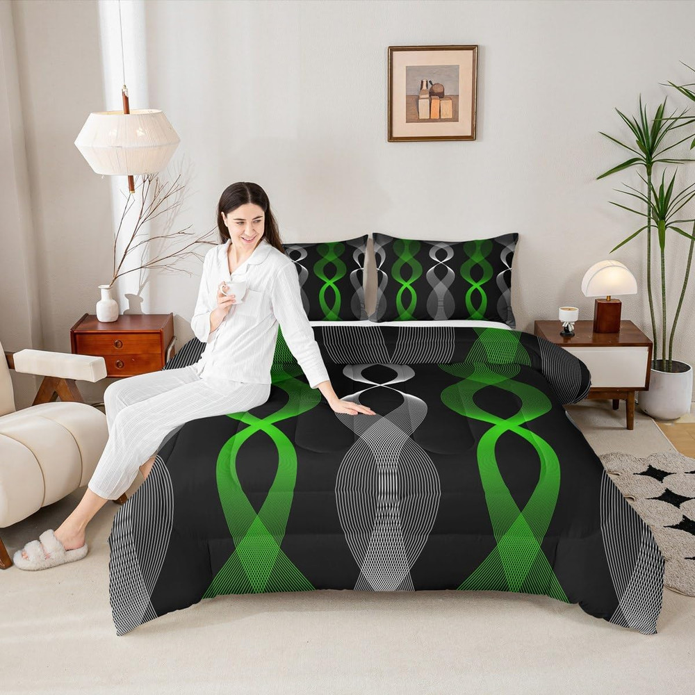 Green & Black Abstract King Comforter Set - Modern Boho Bedding