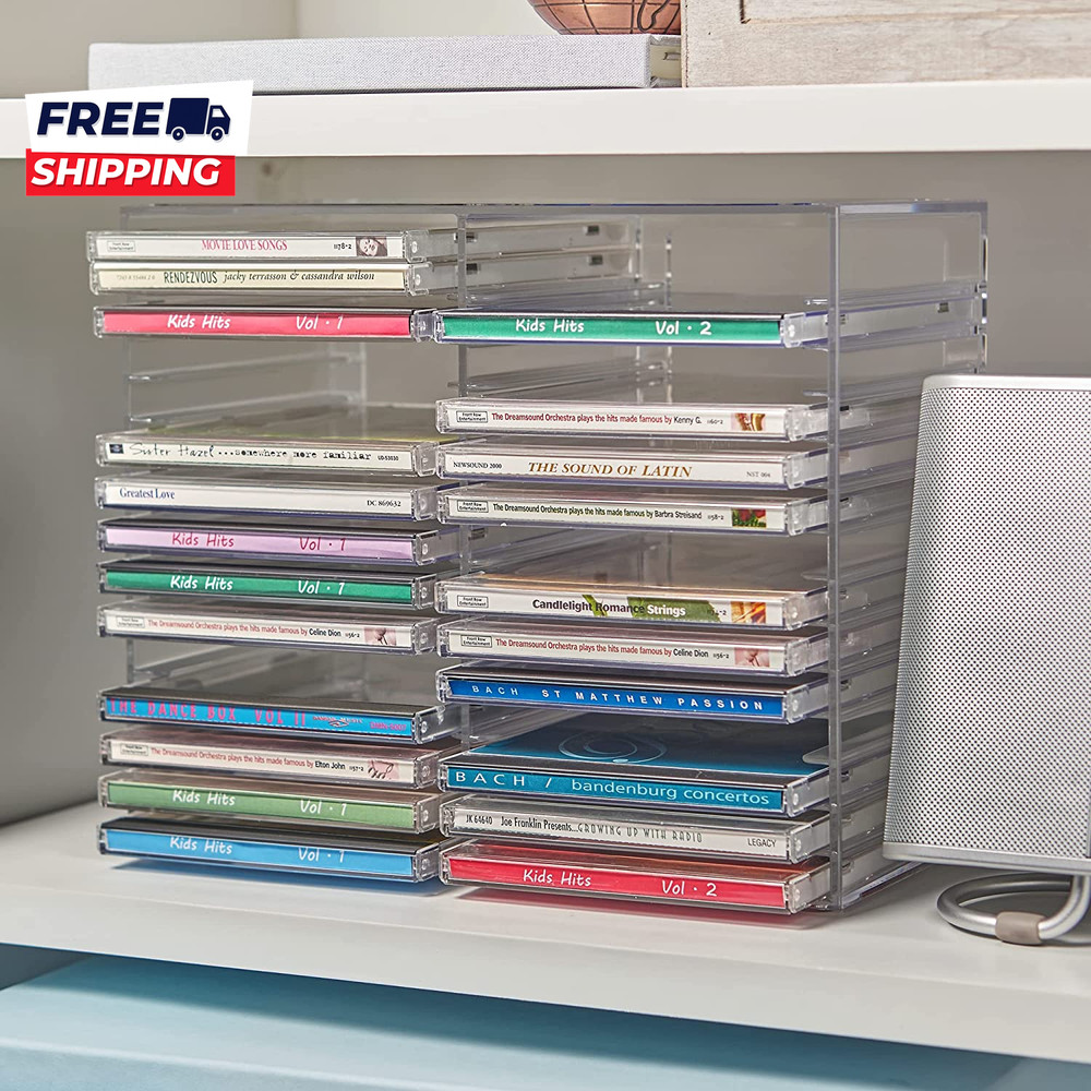 Stackable Clear Plastic CD Organizer with Rubber Feet Rectangular Jewel Made in