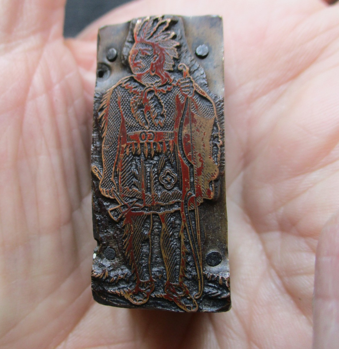 Printing Letterpress Printers Block Copper Standing Native American In Headdress