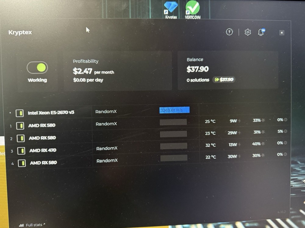 XFX Sapphire MSI RX 580 RX 470 Intel E5-2670 GPU Mining Rig RandomX Vertcoin
