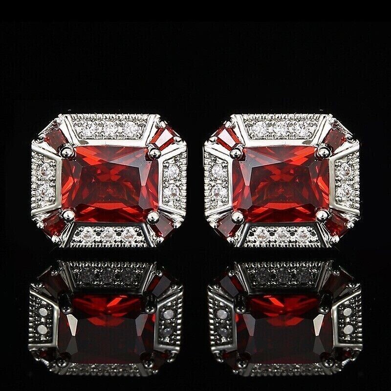 3Ct Emerald Cut Lab Created Garnet Stud Men Shirt Cufflinks 14KWhite Gold Plated