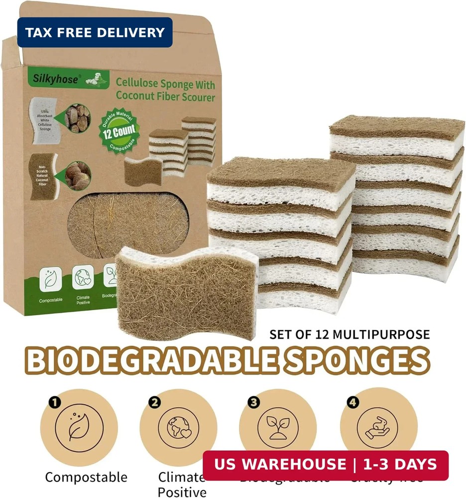 Natural Kitchen Sponges, Biodegradable & Compostable | Non-Scratch Cellulose Coc