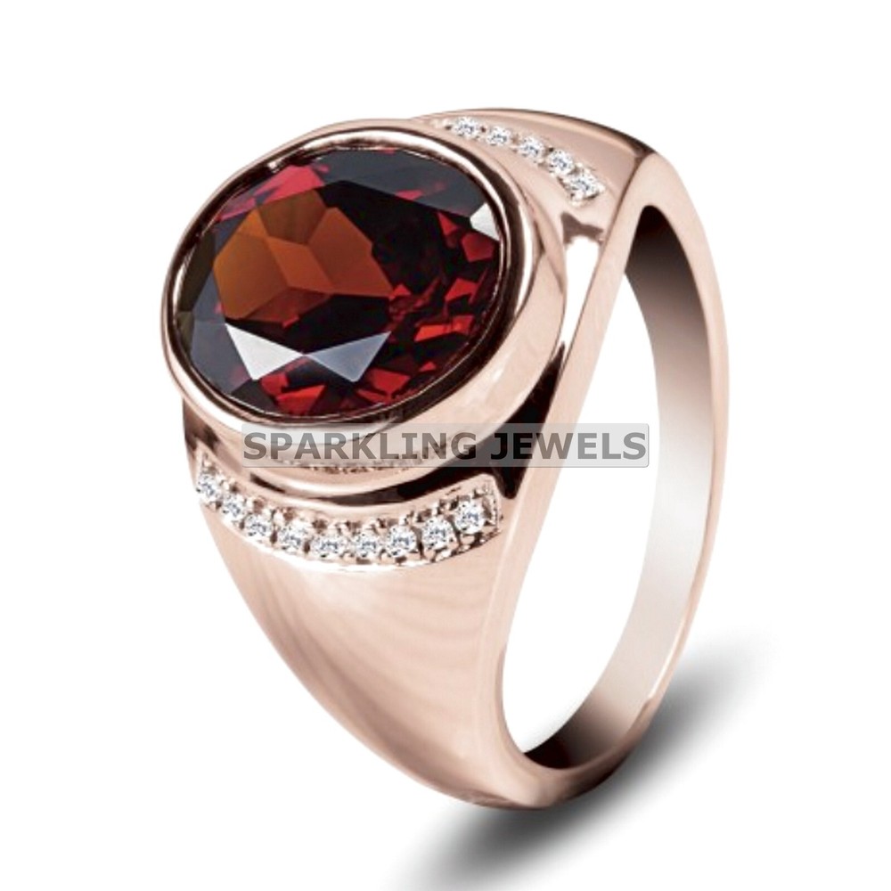 Flawless Garnet Oval Cut With 14K Solid  Gold  Ring For Men #C225