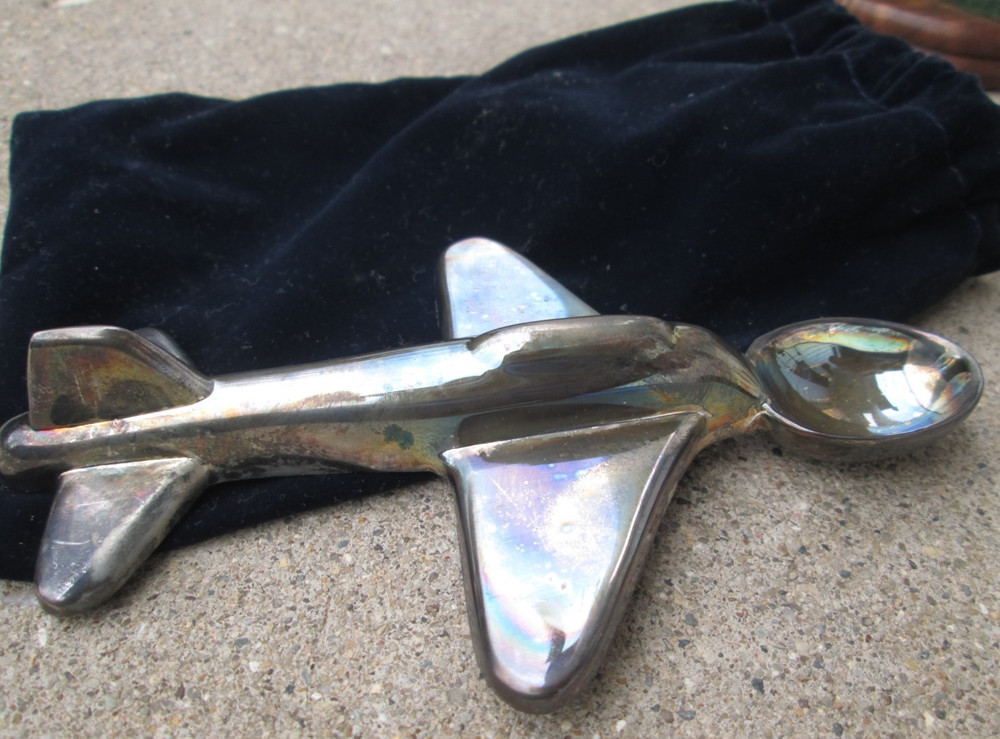 Silverplate? Airplane Shaped Sturdy Baby Spoon with Storage Pouch Unbranded