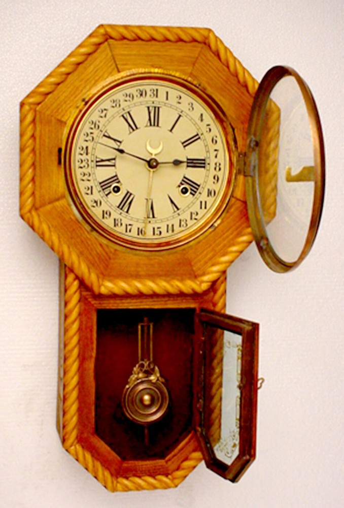 Antique Solid Elm Octagon Schoolhouse Calendar "Regulator A" Wall Clock