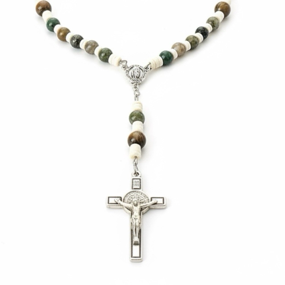 Catholic Rosary Prayer Beads Natural Stone Jasper Shell Accents 15.25”
