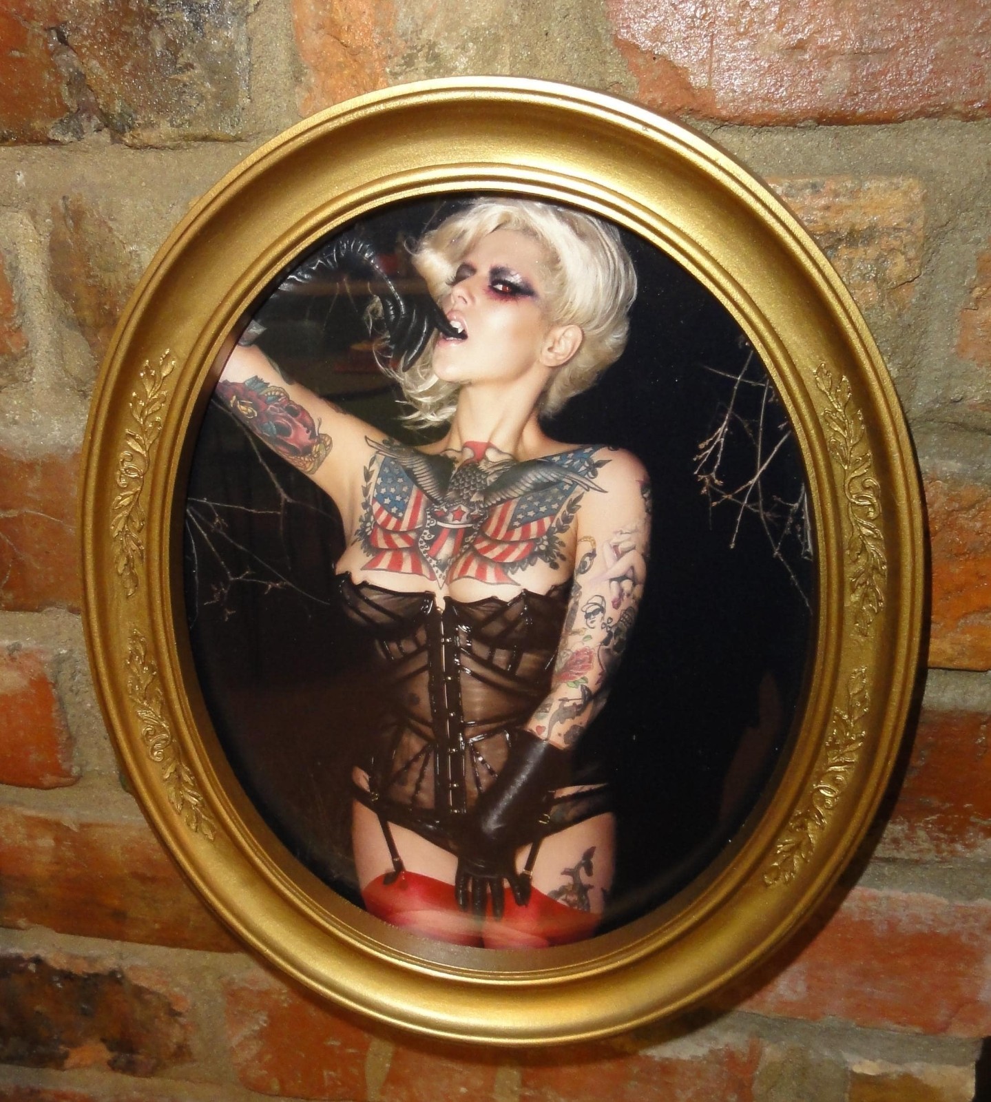 Vintage Two Gold Oval Frames with Gothic Pinup Girl Photos Vampire Look tattooed
