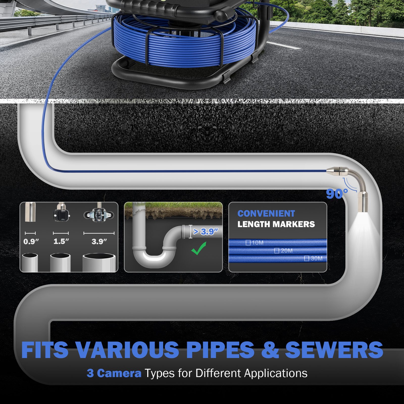 98ft/30m Sewer Camera HD Drain 4.3" LCD Monitor 1000 TVL Pipe Inspection Camera