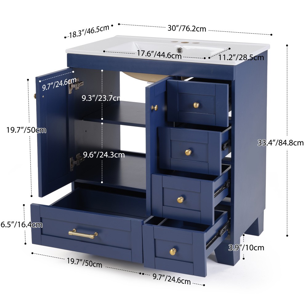 30" Blue Bathroom Vanity w/Ceramic Sink,Soft Close Drawers, Solid Wood Frame