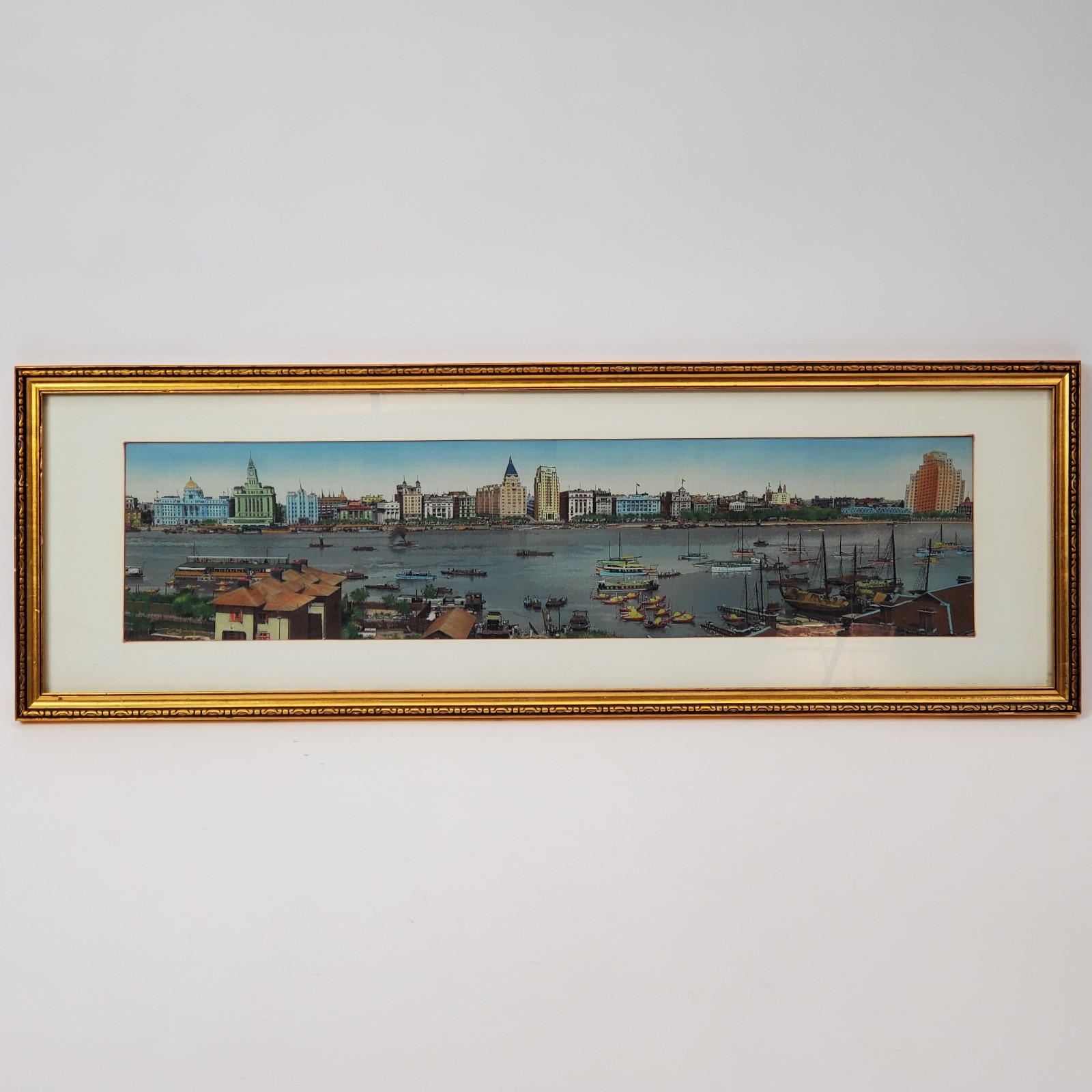 Vintage Shanghai The Bund Silk Woven Panorama Framed Historical Waterfront Art
