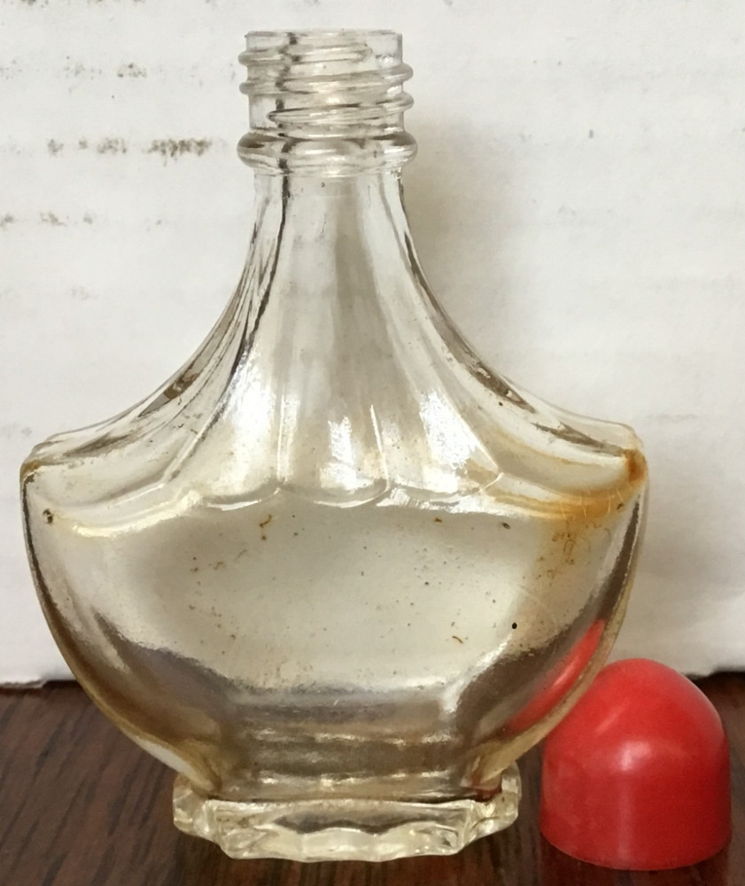 Clear Empty Perfume Bottle w/Red Screw on Lid 4 Embossed Bottom