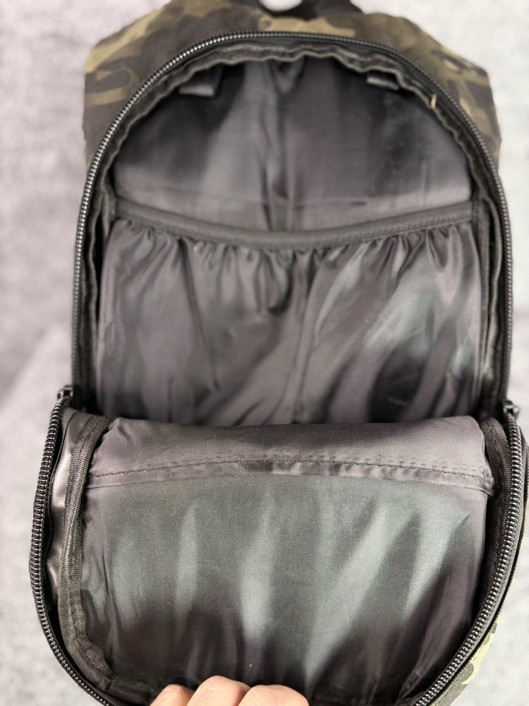 Tactical Backpack 1.5L Black Camo Carrier MOLLE w/ US Flag Patch EUC
