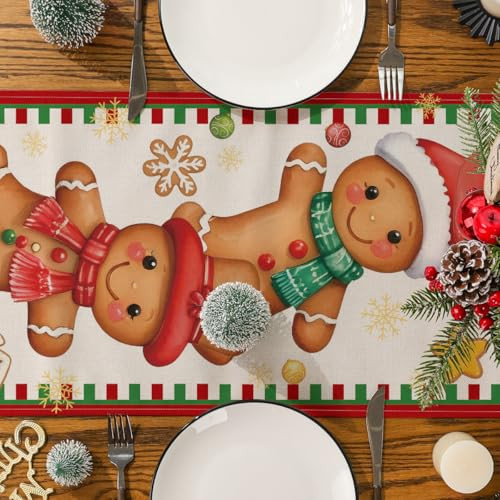 Christmas Table Runner, Gingerbread Decorations, Brown Cartoon Pattern, 13''