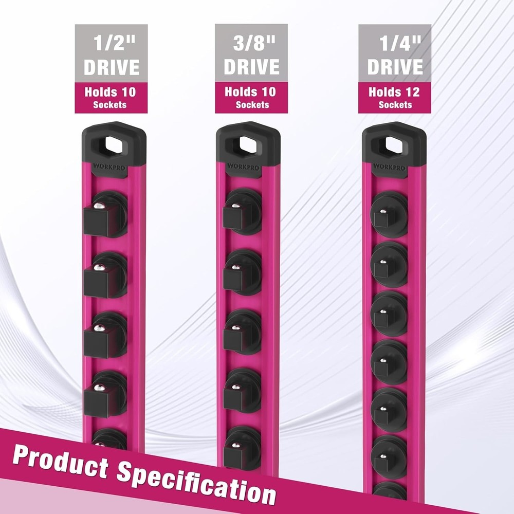 Efficient Magnetic Socket Rail - Includes 10 Rotatable Clips for 3/8-Inch Drives