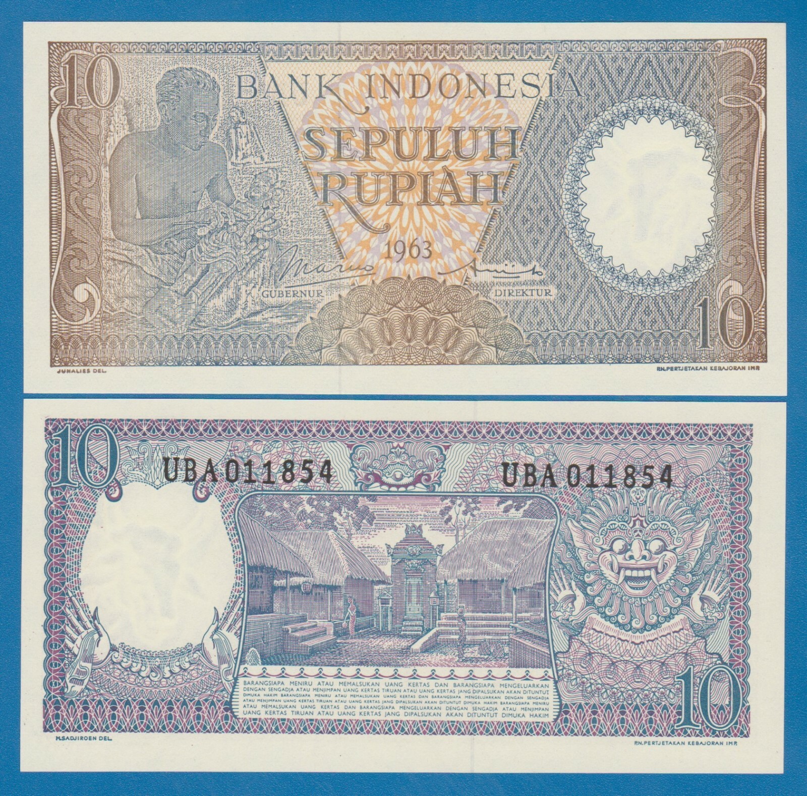 Indonesia 10 Rupiah P 89 1963 UNC