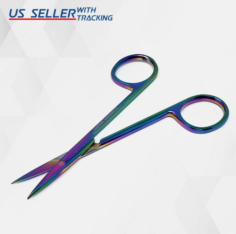 NEW GERMAN IRIS MICRO DISSECTING SCISSORS STRAIGHT 4.5" MULTI RAINBOW TITANIUM