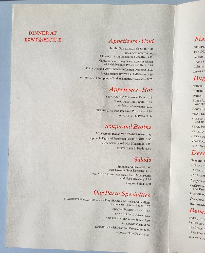 1970s Bugatti Menu Vintage Original