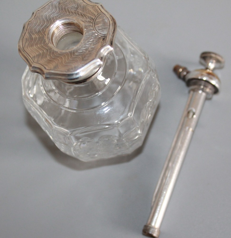 WEBB CORBETT HEXAGONAL CUT CRYSTAL PERFUME ATOMISER BOTTLE WITH SILVER COLLAR
