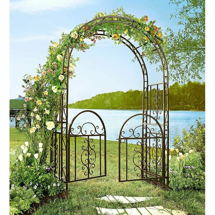 Iron Garden Arch with Gates Vintage Style Scroll Metal Arbor Vine Plant Climber