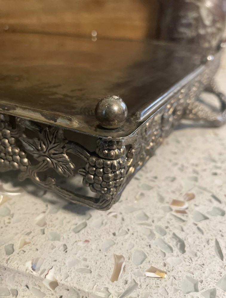 Vtg Godinger Silver Plated Rectangular Tray Grapevine Design w/ Handles