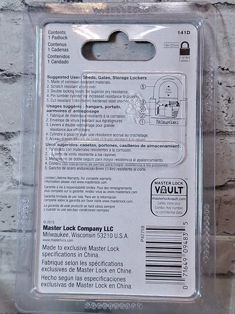 Master Lock 141D Black Covered Solid Body Padlock, 7/8" Shackle, 1-9/16" New