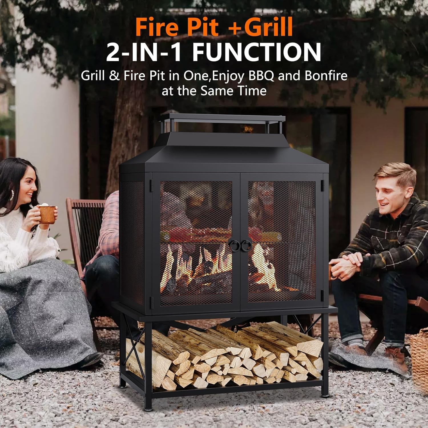 2-in-1 Metal Chiminea Fireplace with Grill with Wood Storage & Chimney for Yards