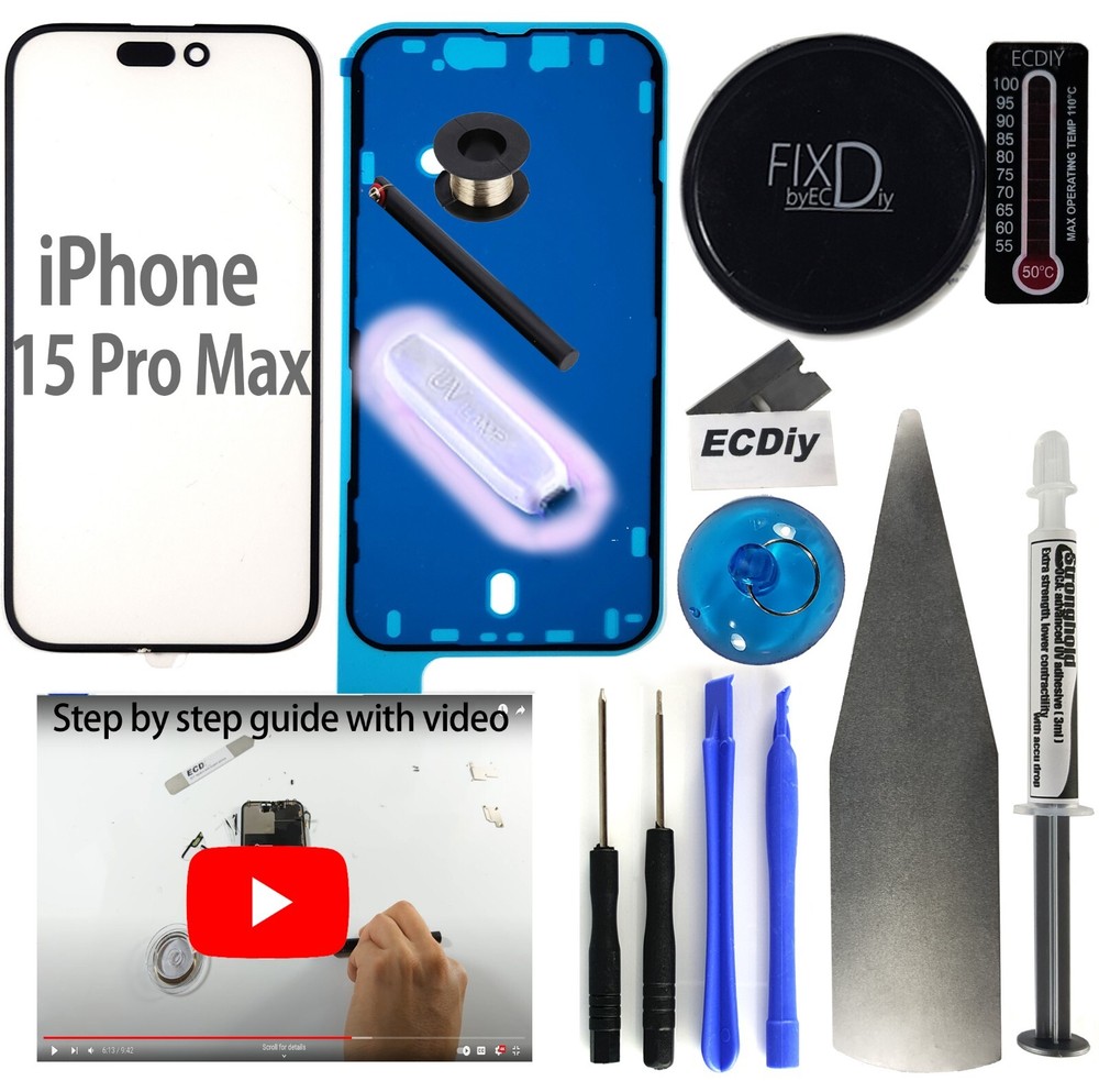 For Apple iPhone 15 Pro Max Screen Front Glass Only Replacement Kit Guide Tool