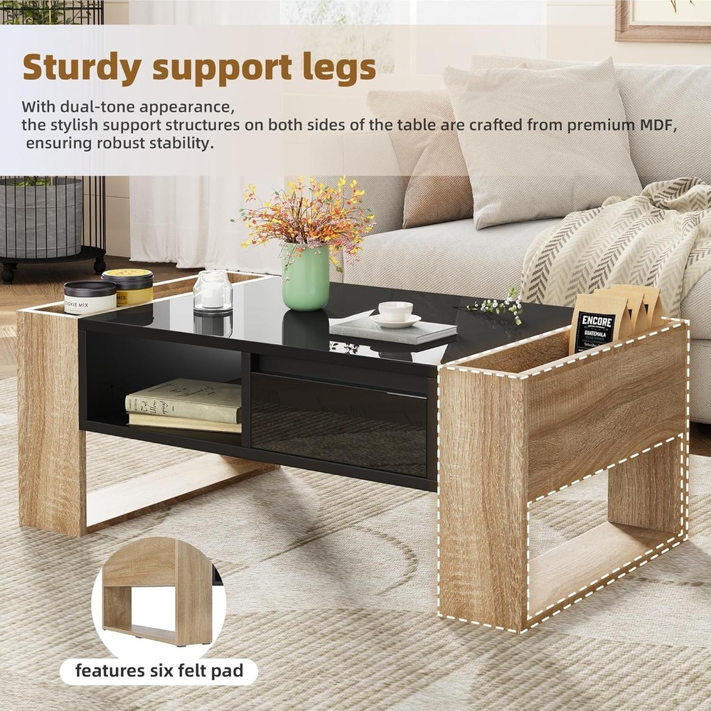 High Gloss Coffee Table 2 Drawers, Two-Tone Rectangle Center Table with Storage