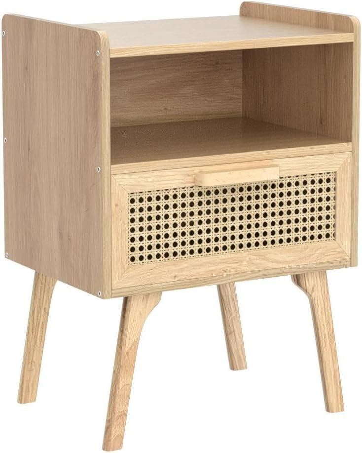 Rattan Nightstand Boho Side Table w/Drawer Open Shelf Accent Bedside End Table