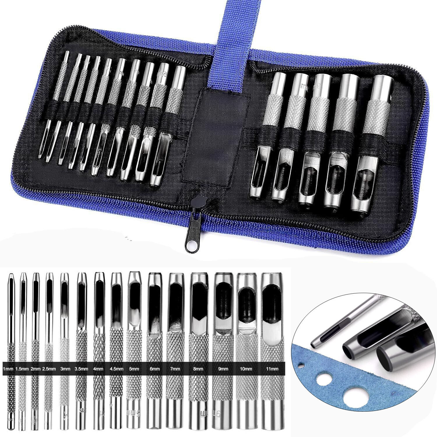 1-11mm Leather Hole Punch Round Steel Hole Punch Set Leather Punch Tool for Belt