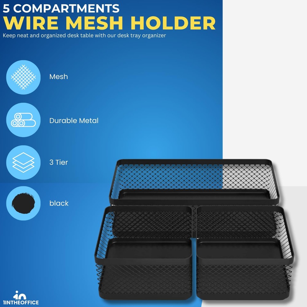 Mesh Collection Desk Drawer Organizer Tray 3 Compartment - Stackable, Matte B...