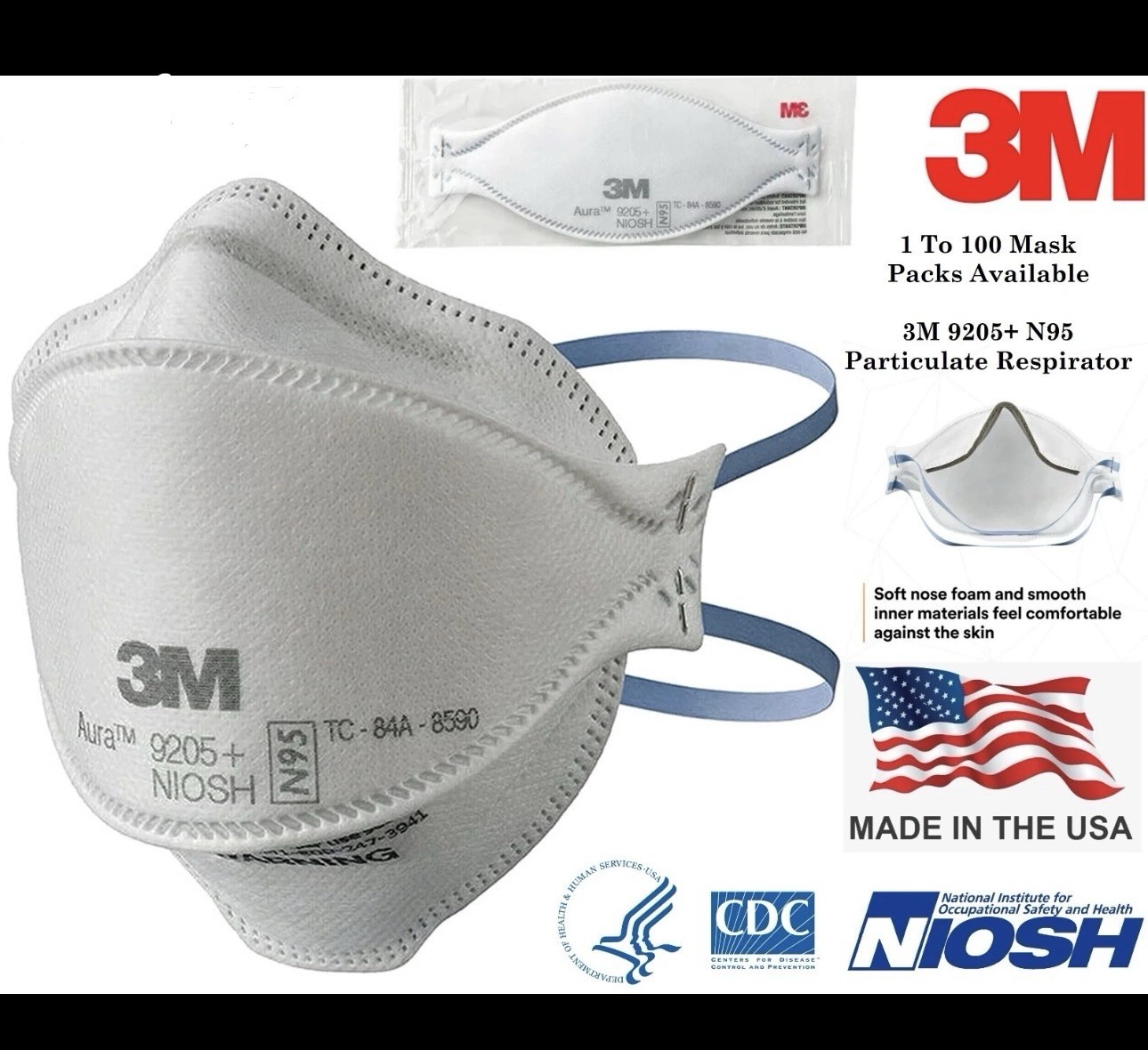 20x 3M Aura 9205+ N95 NIOSH Approved Particulate Respirator Face Mask (20 Pack)