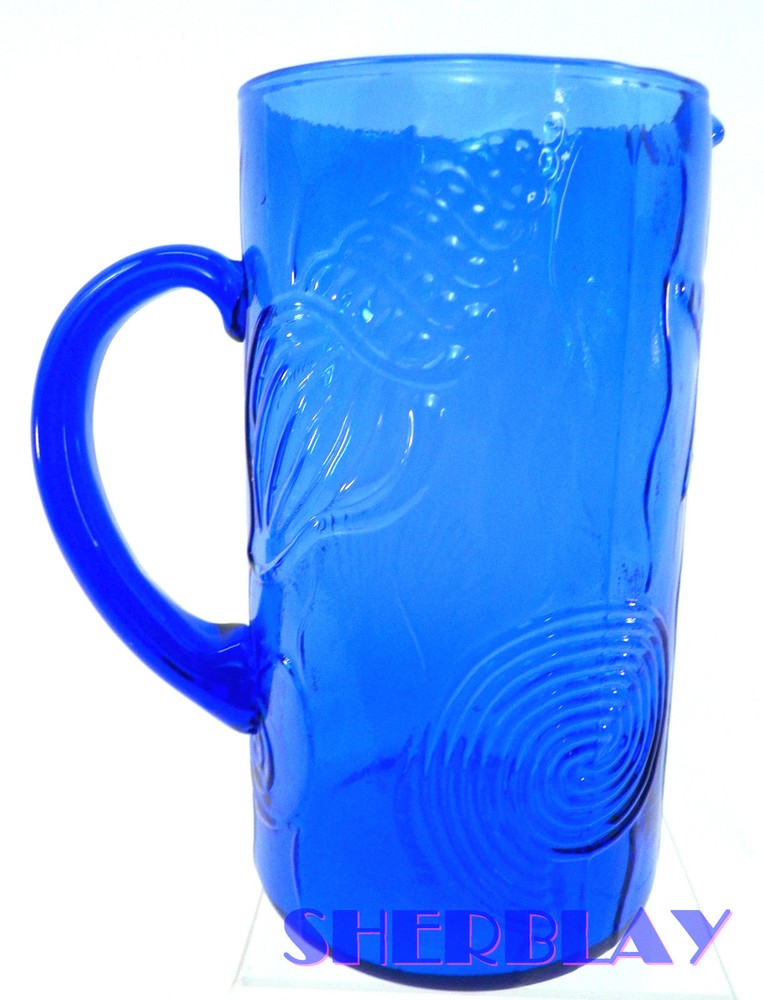 GORGEOUS COBALT BLUE GLASS PITCHER WITH SEASHELL PATTERN 8 1/2" HIGH