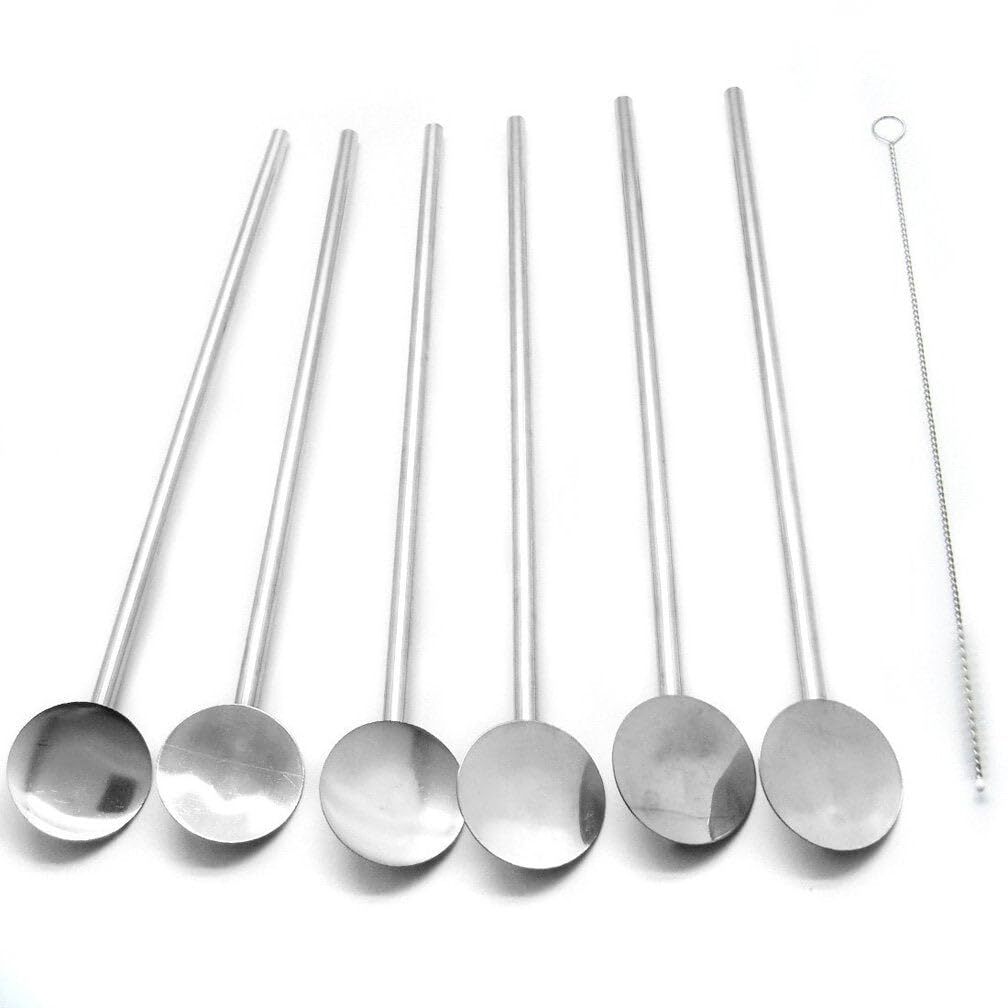 Fine Stainless Steel Reusable Spoon Drink Straw Set Long Spoons / Stirrer