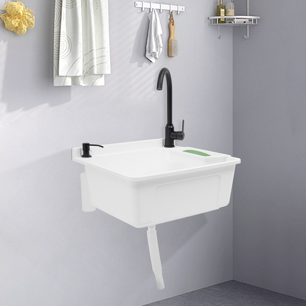 Wall-Mounted Utility Sink with Soap Dispenser, Modern White Basin