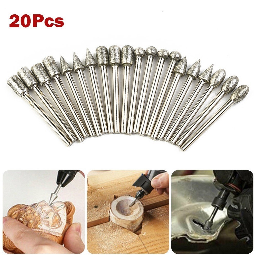 Efficient 3mm Shank Diamond Burr Set Drill Bits 20pcs for Precise Grinding