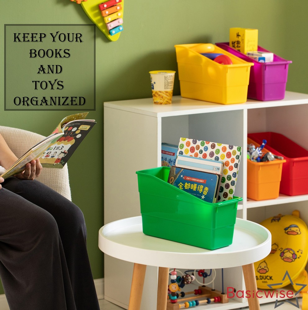 New Basicwise 6-pc Assorted Color Plastic Storage Bins Versatile Book Magazine