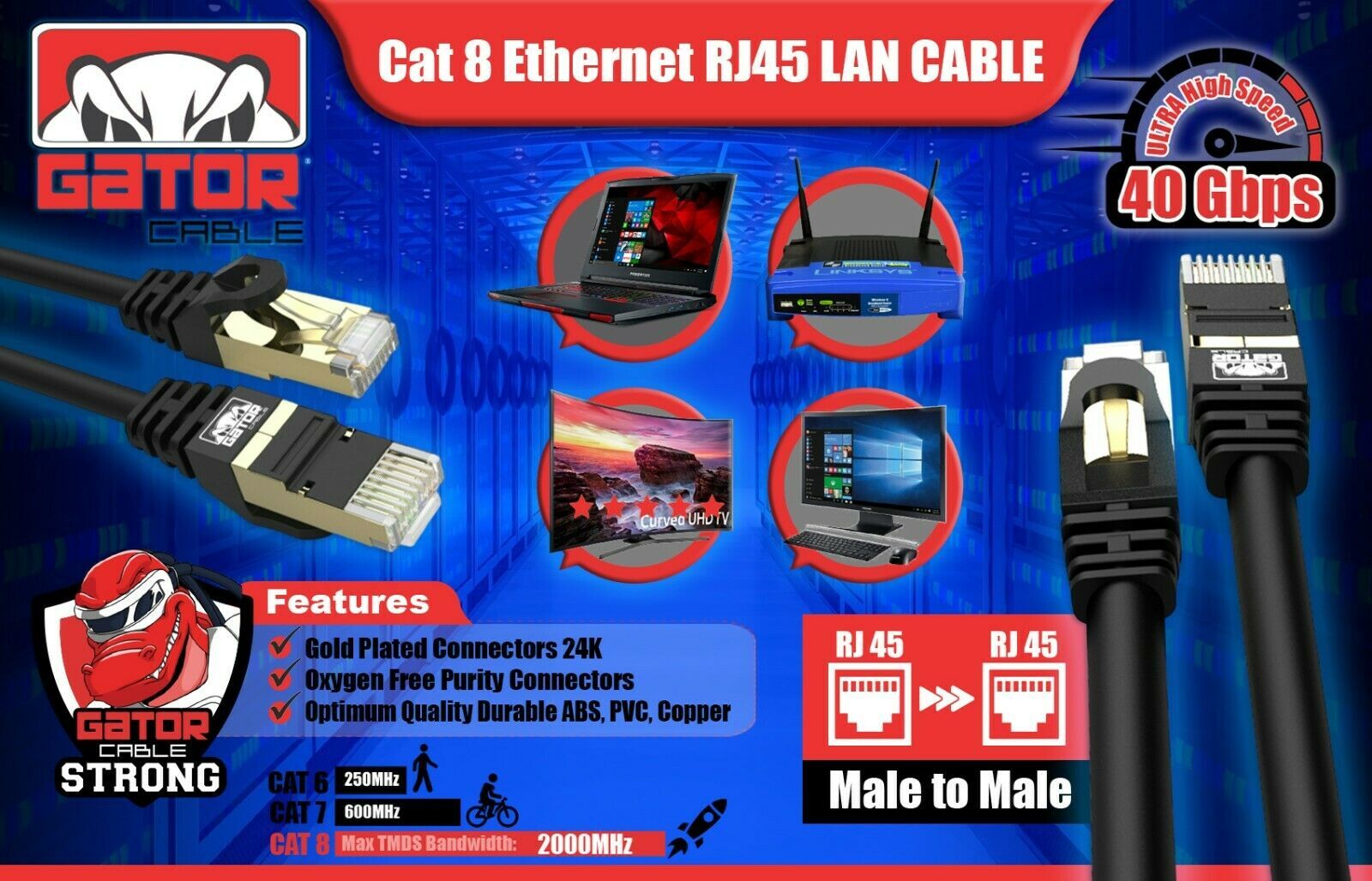 Cat 8 Ethernet Cable RJ45 Super Speed 40Gbps Patch LAN Network Gold Plated Lot
