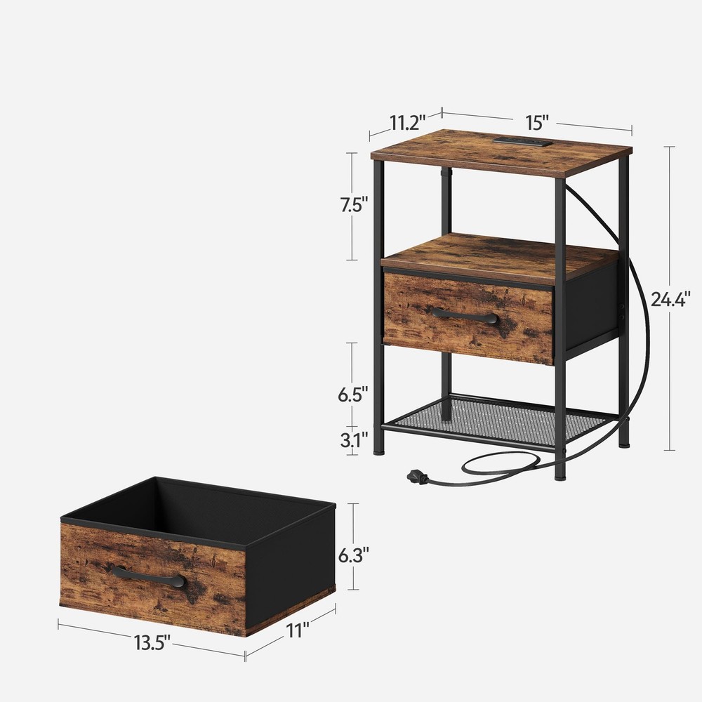 Night Stand Set 2, End Table with Charging Station, LED Bedside Table with Fa...