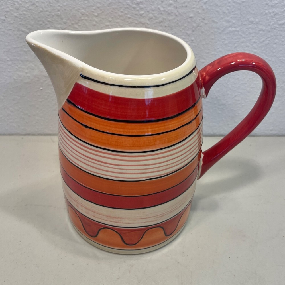 PFALTZGRAFF Pitcher Hot Salsa Dinnerware Stoneware Stripes Orange Red 80 Oz