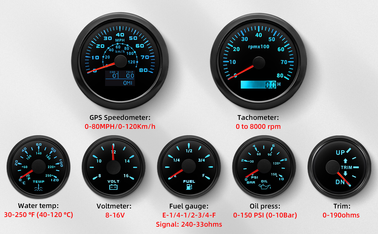 7 Gauge Set 85mm Boat GPS Speedometer 120km/h/80MPH Tachometer 8000RPM Gauge US