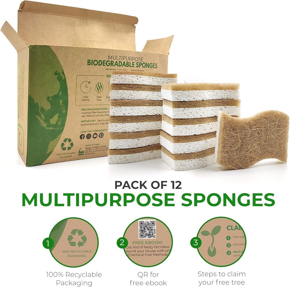Biodegradable Natural Kitchen Sponge - Compostable Cellulose and Coconut Waln...