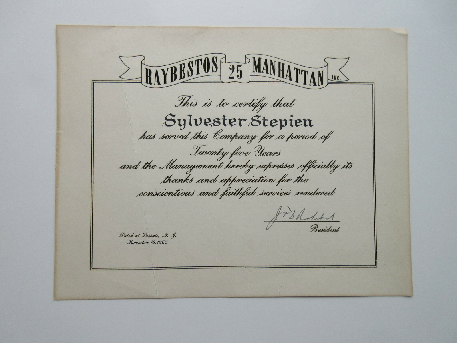 RAYBESTOS MANHATTAN 25 YEARS OF SERVICE CERTIFICATE 1963 RAYMARK INDUSTRIES