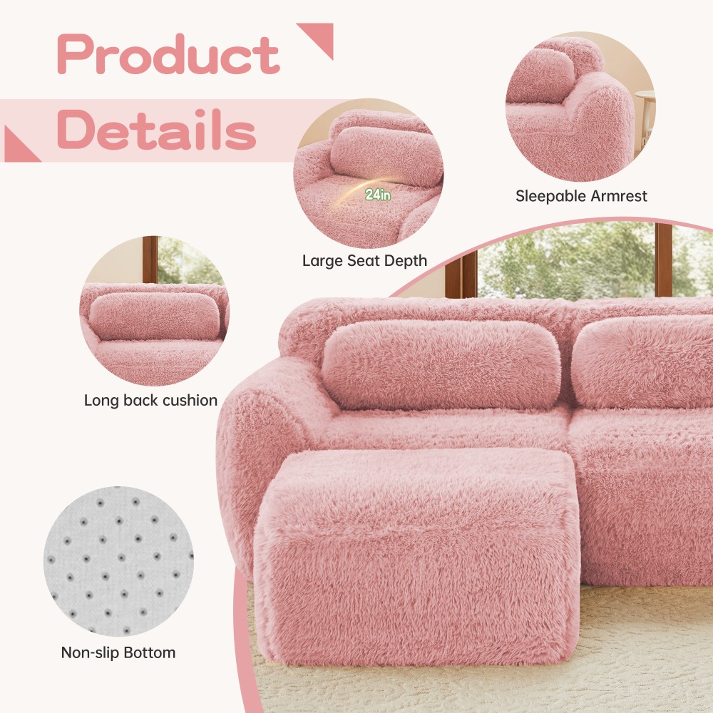 Modular Sectional Sofa w/ Ottoman & Pillows, Plush Pink Fabric