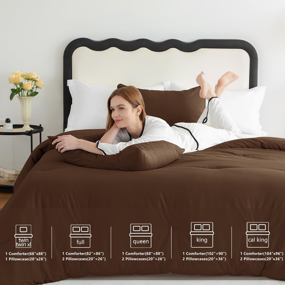 Queen Comforter Set Brown, 3 Pieces Solid Comforters Queen Size Breathable Qu...