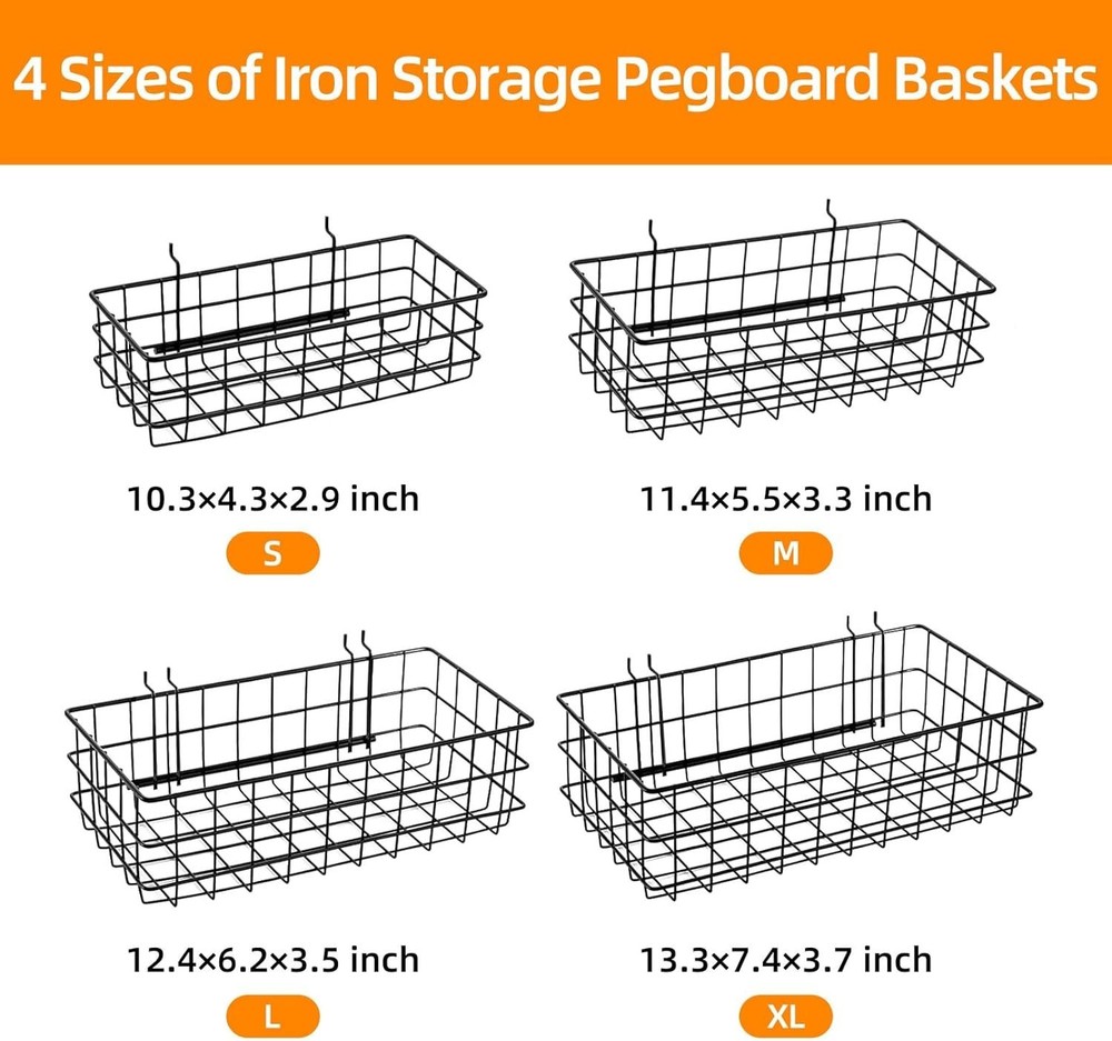 4 Pack Pegboard Baskets Hooks Set, Square Style 4 Size Peg Board Organizer Ba...