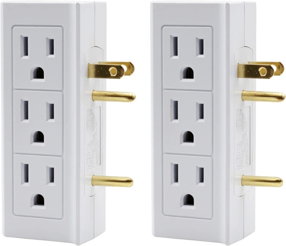 6 Outlet Vertical Extender Wall Tap - Split 2 Outlets Into 6 Grounded - 2 Pack
